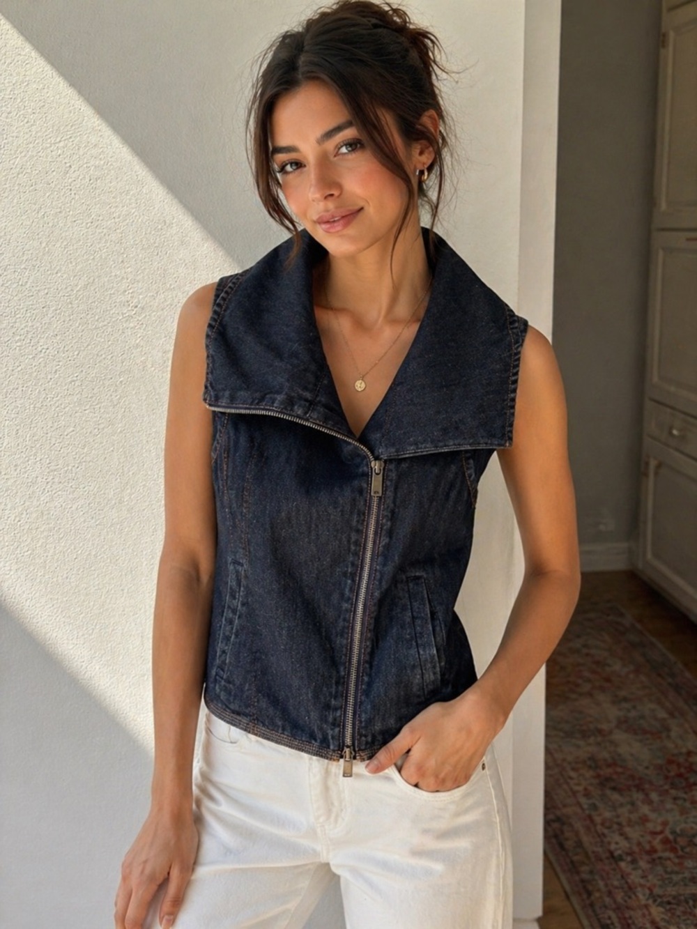 A|X Armani Exchange Denim Vest Zip Front Moto Style Medium